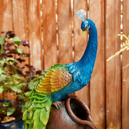 Glitzhome 4-Tier Peacock and Jars Outdoor Water Fountain with LED Light, 40”H Oversized Resin Peacock Sculpture Waterfall Fountain with Submersible Pump for Garden Patio Porch