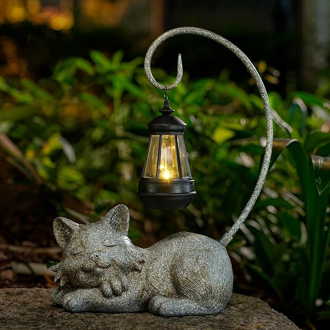 WSgift Outdoor Cat Figurine Garden Statue with Solar-Powered LED Light 13.77 Inches Tall Gift Garden Statue Decor for Cat Lovers Marbled