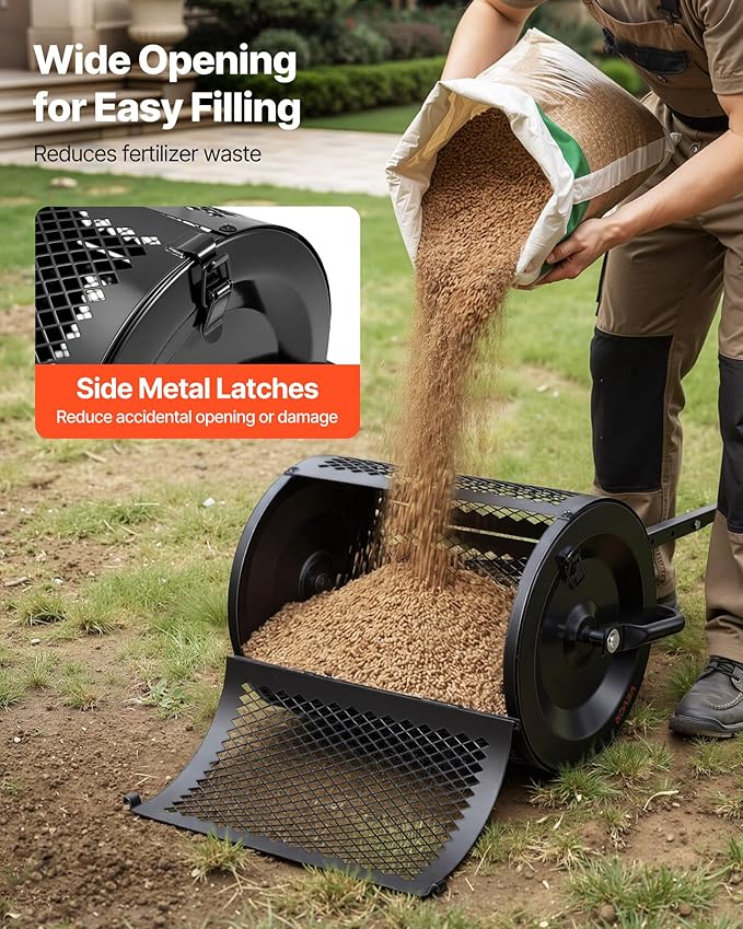 VEVOR Compost Spreader, 16.5" Wide Peat Moss Spreader with T Shaped Handle, 3 Heights Adjustable, Powder-Coated Steel Garden Peat Moss Roller, Heavy Duty Grass Seed Roller for Planting Seeding, Black