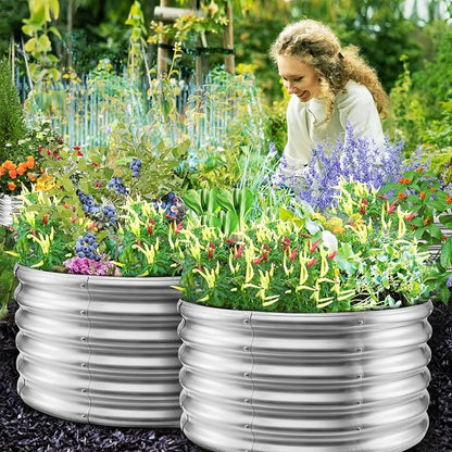 YSEJOMP 17" Tall 32" Diameter Round Raised Garden Bed Kits Outdoor Silver | 1.5 FT Tall,2.7FT Planter Bed for Flowers,Herbs,Vegetables,Trees,0.8MM Thick Galvanized Metal,with Gloves,Tool free