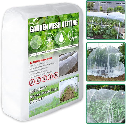 SnugNiture Garden Netting 10x50FT Ultra Fine Mesh Mosquito Netting Plant Covers, White Bird Netting Barrier Greenhouse Row Cover Protect Fruits Flower Vegetables from Birds Deer & Squirrels