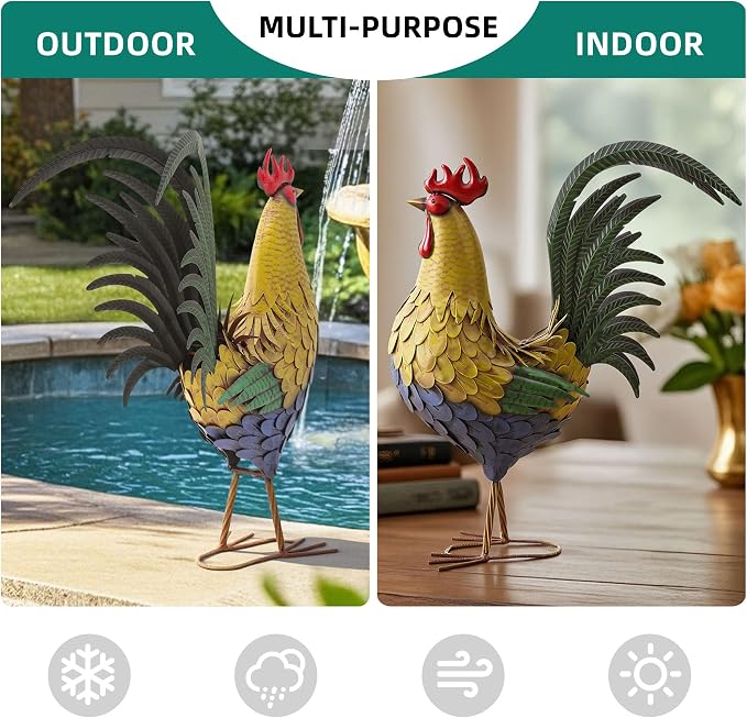 32" Oversized Metal Rooster Statue, Large Yard & Kitchen Decor | Durable Metal with Hand-Painted Finish, Farmhouse Rooster Chicken Decor for Yard, Garden, Patio