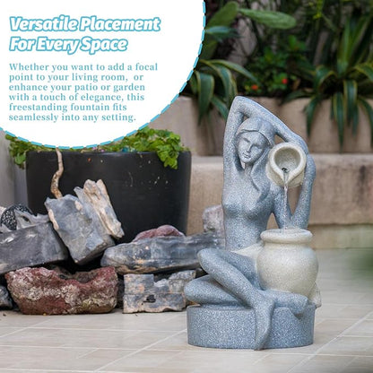 23.6" H Elegant Lady Water Fountain Outdoor, Garden Fountain with LED Light | Artistic Woman Holding Urn Waterfall Feature, Modern Art Fountain for Home, Garden, Patio, Living Room, Gift for Men & Women