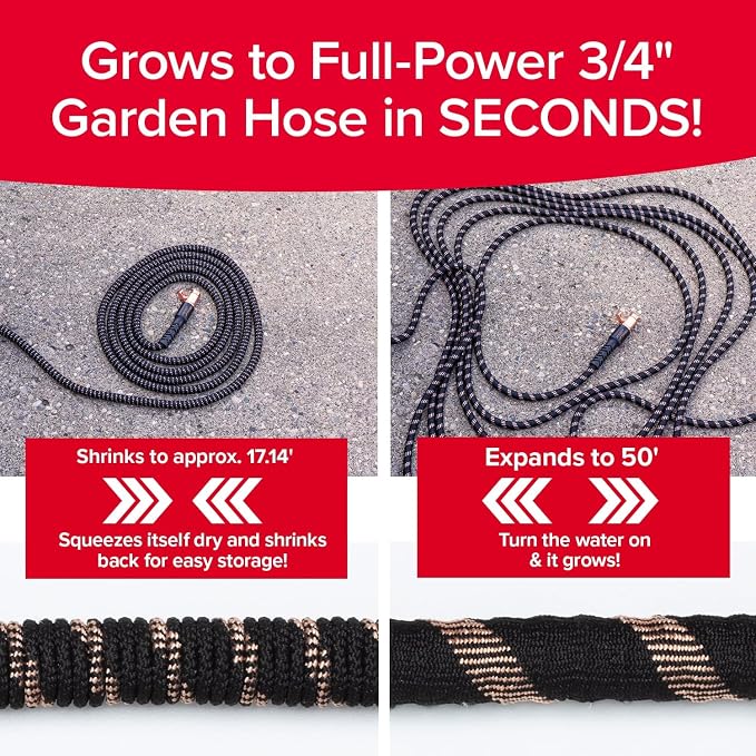 Pocket Hose 50 FT Copper Bullet Expandable Garden Hose w/10 Pattern Thumb Spray Nozzle AS SEEN ON TV 650psi 3/4 in Patented Lead-Free Ultra-Lightweight Solid Copper Anodized Aluminum