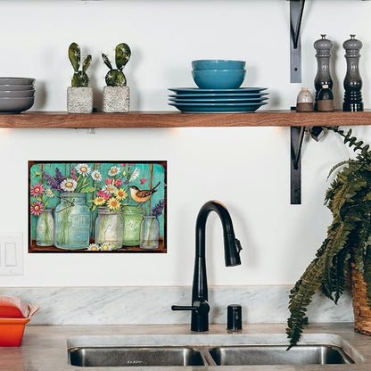 Korrazi Flowers-Sign Metal-Poster Wall-Art Bird-Décor, Colorful Rustic Style Flowers Jars, Yard Garage Farm Outside Garden Plaque Outdoor for Home Fence 8 X 12 Inch