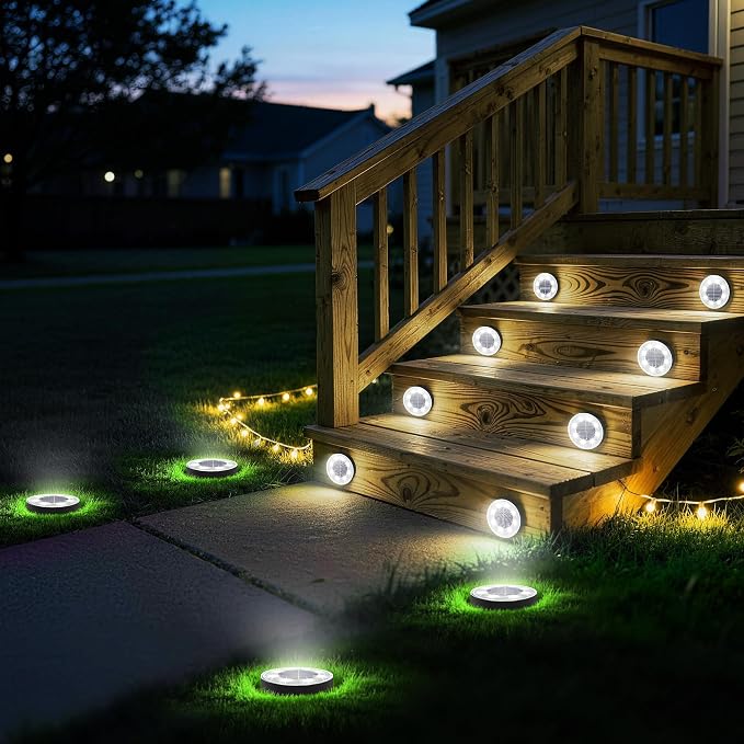 Joomer 2-in-1 Solar Lights Outdoor Waterproof, 16 Pack 8 LED, White | Solar Powered Garden Lights Ground Disc Landscape Lighting for Patio Pathway Lawn Yard Driveway Walkway Deck Step