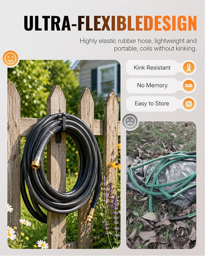 Heavy Duty Rubber Garden Hose 30FT x 5/8", Flexible Water Hose with 360° Swivel Brass Fittings, 300 PSI Working, 1000 PSI Burst, All Weather Outdoor Hose for Irrigation, Black B30GH06