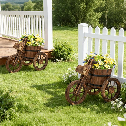 kinbor Outdoor Planters - Rustic Barrel Planter, Wooden Wagon Tricycle Planters for Outdoor Plants