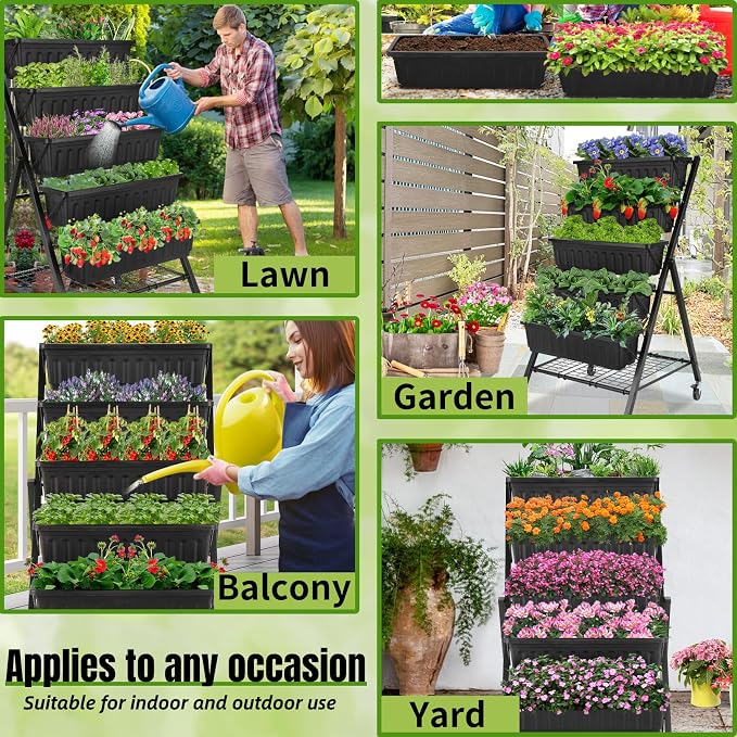 Homdox 4FT Vertical Garden Bed, 5 Tiers Vertical Raised Garden Planter, 25.6 * 26 * 48Inch Garden Raised Bed with 4 Hooks & 4 Wheels, Vegetable Flower Planter Raised Stand, Black with Storage Rack