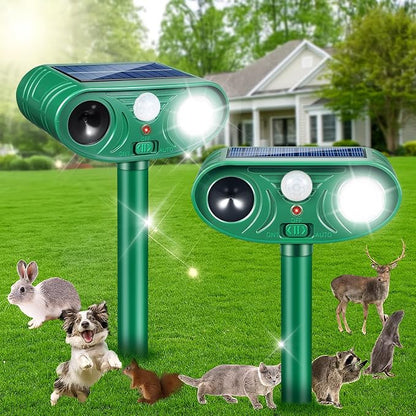 Solar Ultrasonic Animal Repellent Activated Deterrent for Deer | Cat, Squirrel, Raccoon, Rabbit & Bird, Waterproof Outdoor Animal Repeller with LED Strobe for Yard, Garden & Orchard