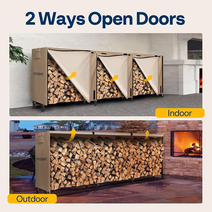 VIVOHOME 12ft Firewood Log Rack Cover, Heavy Duty 600D Oxford, Double Layer Outdoor Weather Resistant Fire Wood Storage Holder Cover with Zipper and Hook Loop Tape, Brown