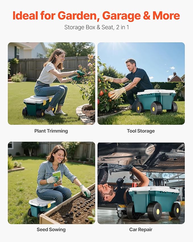 VEVOR Small Garden Seat, 2 in 1 Rolling Garden Cart with Storage Bin, Supports up to 227 lbs, Compact Outdoor Garden Scooter with Handle, Garden Stool for Yard Weeding Planting