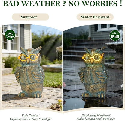 Reading Owl Statue with Solar Glasses Bronze Resin Garden Decoration Outdoor Figurine Light for Patio, Yard, Lawn, Housewarming Home Decor Gift for Women