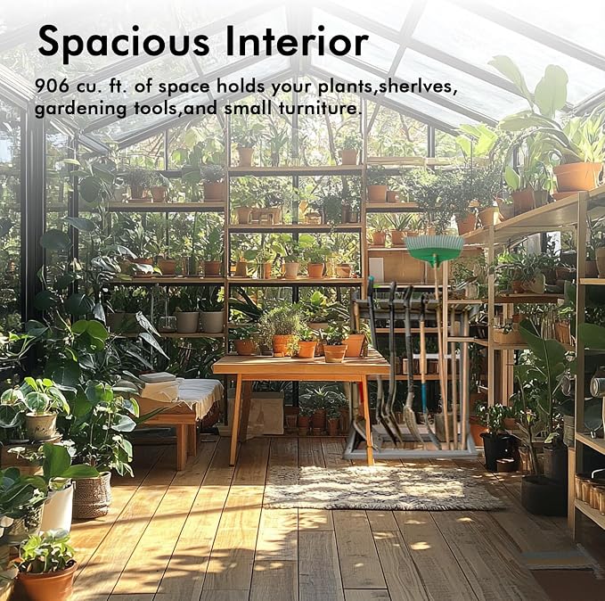 10X12FT Enhanced Aluminum Large Greenhouse for Outdoors with Thermometers | Easy Assembly, UV-Resistant Panel, Rain Gutter, Lockable Sliding Door, Built-in Reinforcement, For Vegetable, Flower and Herb