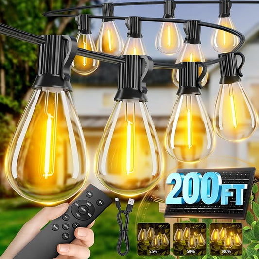 200FT Solar String Lights Outdoor Waterproof, 72+2 LED Solar Powered Lights with Remote Control, 3 Light Modes & Dimmable, USB-C Charging for Patio, Backyard, Garden, Camping