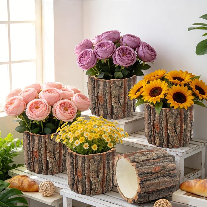 12 Pcs Wooden Vases for Centerpieces, Wood Flower Vase Rustic Tree Stump Planter Pots for Woodland Party Wedding Window Home Farmhouse Christmas Table Decor