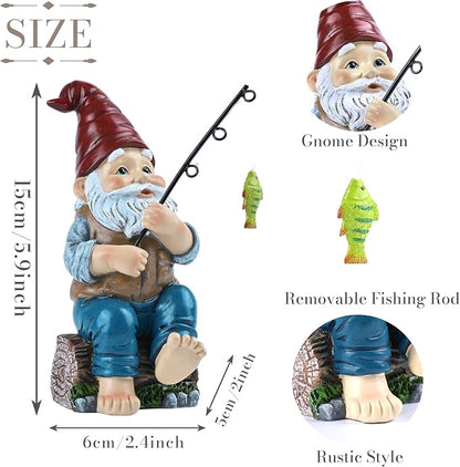 TERESA'S COLLECTIONS Resin Outdoor Statues for Garden Decor, Garden Gnome with Fishing Pole Funny Decorations for Outside, Yard Gnome Decor for Patio Lawn Ornaments, Ideal Gift for Women and Man, 6"