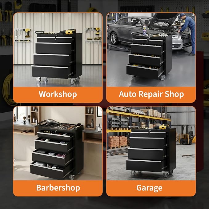 Rolling Tool Chest, 4-Drawer Tool Storage Cabinet, Tool Box with Wheels, Lock System and Drawer Liners, Tool Cart for Warehouse, Workshop and Repair Shop, Black
