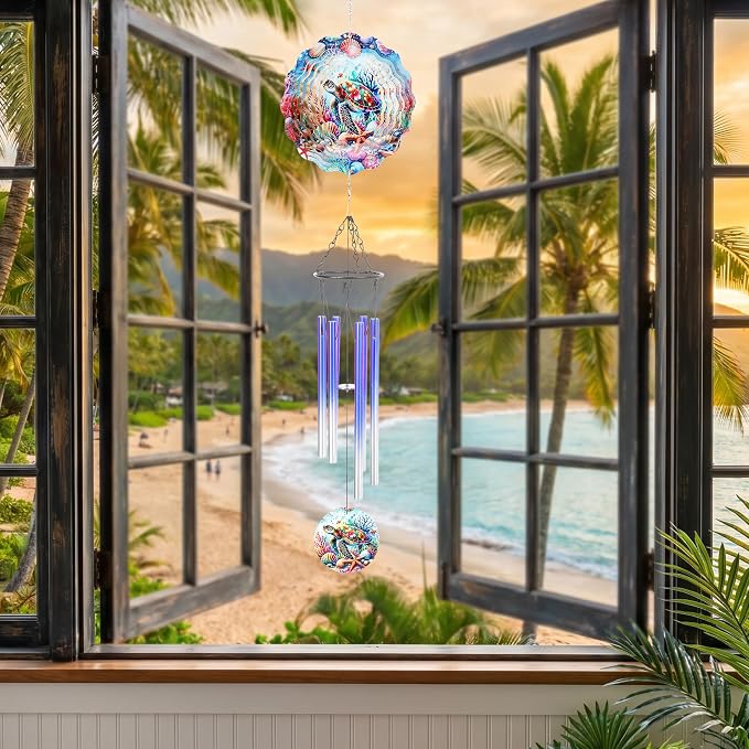 Sea Turtle Gifts Windchime - Metal 3D Wind Spinner with Wind Chime | Outdoor Decor for Garden Yard Patio Lawn Indoor Home Art Hanging Birthday Gift for Women Men Mom Dad Grandma Wife Friends