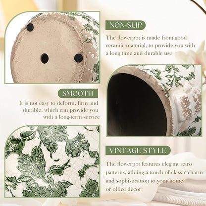 Ceramic Green Scroll Planter 6.5 Inch Chinoiserie Floral Vase with Drainage Holes Vintage Flower Vase Flower Pot Rustic Ceramic Pots for Indoor Plants Flowers Garden Home Bookshelf Decor