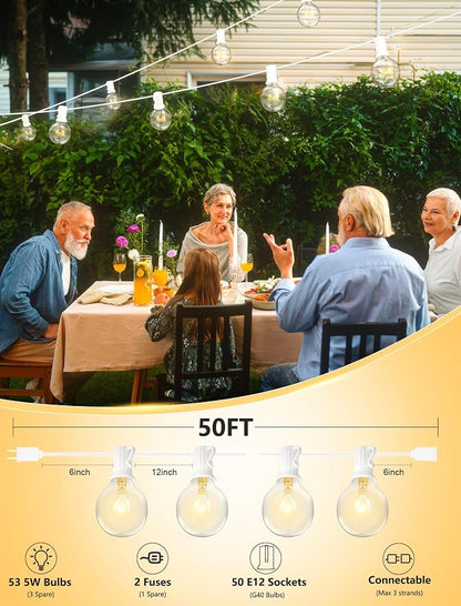 SUNSGNE 50Ft Outdoor Patio String Lights G40 Connectable Globe Lights with 53 Clear Globe Bulbs(3 Spare) for Indoor Outdoor Commercial Decor, 50 Hanging Sockets, 5W/E12 Base, White