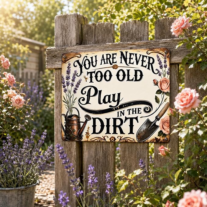 Vintage Garden Metal Sign, Funny Tin Wall Decor 8x12 In | vintage garden sign with rope, 4 pins and corner holes for patio, porch, fence, greenhouse and wall decor
