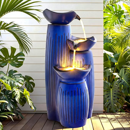 Autodaya 30"H Ceramic Water Fountain Outdoor, 3-Tier Geometric Lotus Design | Patio Fountain with Fluted Texture, Relaxing Cascading Waterfalls, Modern Water Feature for Garden Lawn Porch Yard Art Decor