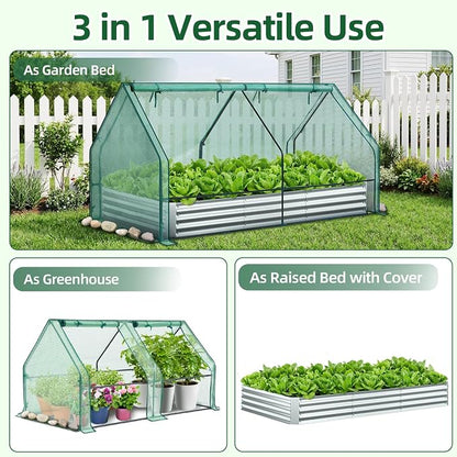 Ohuhu Raised Garden Bed with Cover Outdoor, 8x4x1 FT Galvanized Metal Planter Box with PE Greenhouse Cover, 4 Doors for Ventilation, 3-in-1 Gardening Set for Vegetable Flower Herb Succulent