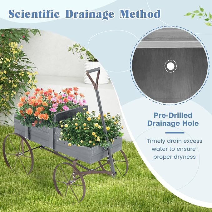 DORTALA Wood Wagon Planter, Outdoor Garden Flower Planter Cart with Wheels, Small Decorative Wood Raised Bed Plant Pot Box Stand for Backyard, Patio, Balcony, Grey