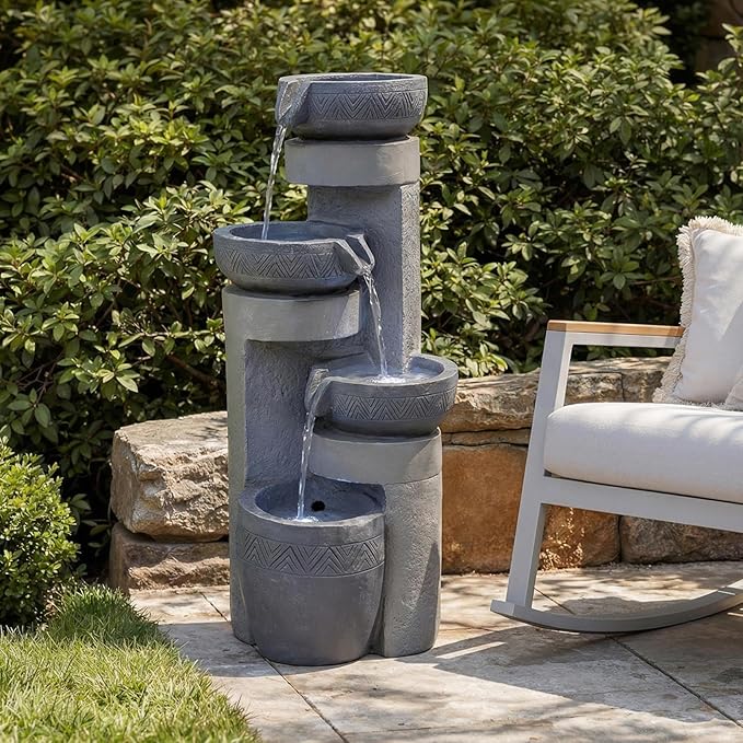28" Outdoor Water Fountain with Led Lights, 4-Tiered Owl & Calla Lil Water Fountain, Outdoor Garden Waterfall Decor for Garden, Patio, Courtyard (32" Modern Pottery)