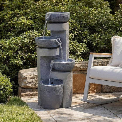 28" Outdoor Water Fountain with Led Lights, 4-Tiered Owl & Calla Lil Water Fountain, Outdoor Garden Waterfall Decor for Garden, Patio, Courtyard (32" Modern Pottery)