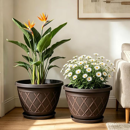 4 Pack 12 Inch Pots for Plants, Decorative Plastic Flower Pots with Drainage Hole & Saucer, Modern Large Planters for Outdoor Indoor Plants, Garden, Balcony, and Home Decor (Brown)