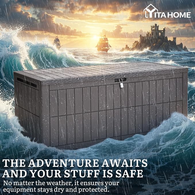 YITAHOME XXL 240 Gallon Extra Large Deck Box | Waterproof Resin Outdoor Storage Box with Lock and 3-Person Bench Seating for Patio Furniture Cushions,Garden Tools & Pool