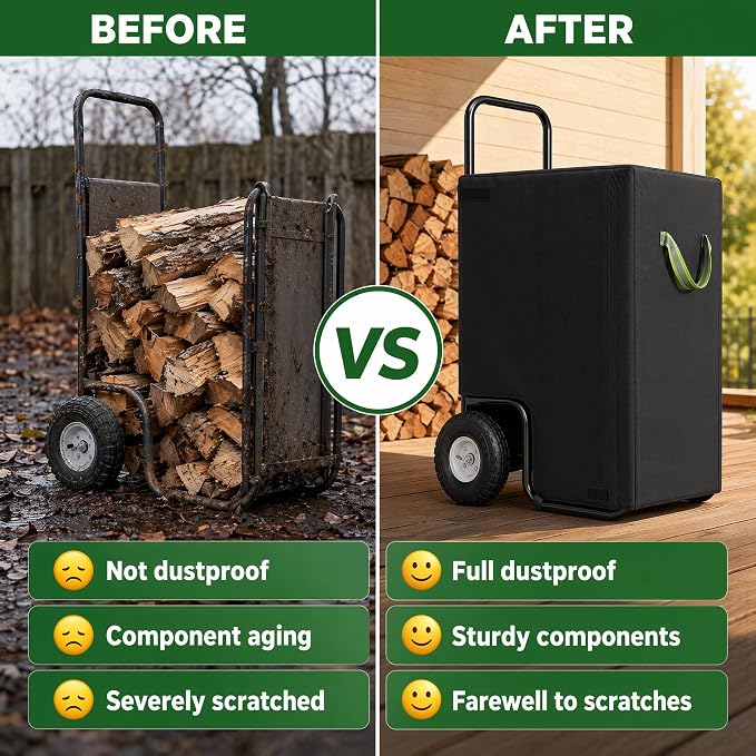 Firewood Cart Cover, 600D Oxford Waterproof Log Cart Cover Replacement with Zipper and Hook & Loop Fasteners, Weather Resistant Protector for Rolling Firewood Rack Indoor Outdoor