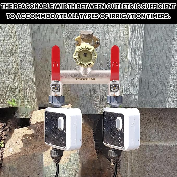 Hose Splitter 2 Way Heavy Duty Brass Garden Hose Splitter 3/4-in GHT | Outdoor Faucet Splitter With 2.1" Extra Long Handle, Lead-free, 2.7" Wide Spacing Fits Large Irrigation Timers, Garden, Lawn