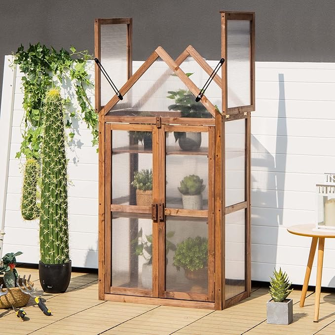 GRAFFY Wooden Cold Frame Greenhouse, Portable Raised Flower Planter Shelf with 3 Removable shelves and Transparent Flip-Top Roof, Mini Greenhouse Cabinet for Outdoor Indoor Use(27" L x 16" W x 58" H )