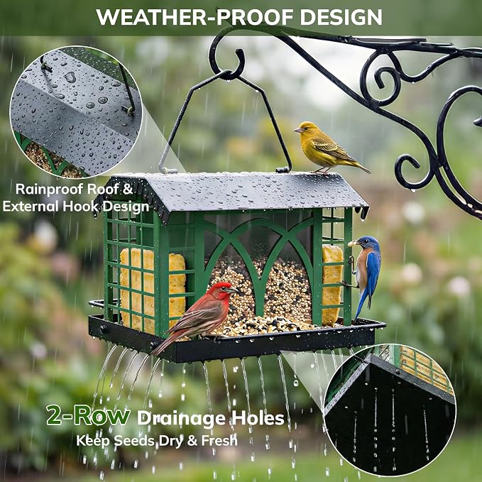 Bird Feeders for Outdoors Hanging, Metal Bird Feeder with Double Suet Cage Weatherproof Metal Roof, 3.5Lbs Large Capacity Great for Attracting Finch Cardinal Chickadee Wild Birds, Branch Green