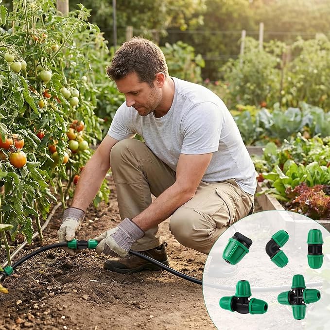70 Pcs 1/4 Inch Drip Irrigation Fittings Kit,Drip Irrigation Hose Connector for 1/4 Inch Drip Tubing with 25 End Plugs, 15 Tees,10 Straight Couplings,10 Elbows,10 Cross 4-Way Connector