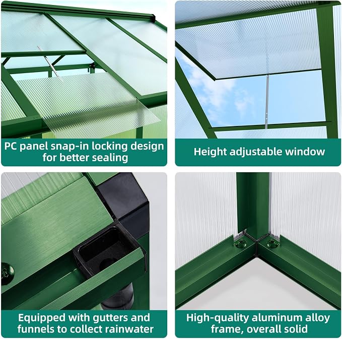 Garvee 6x10 ft Greenhouse - Aluminum Greenhouses for Outdoors, Large Polycarbonate Greenhouse with Roof Vent, Heavy Duty Walk-in Green Houses for Outside Garden, Backyard, Patio, Lawn, Easy Assembly