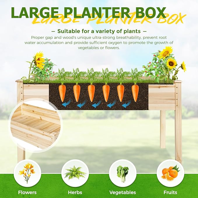 4 FT Outdoor Wooden Raised Garden Bed, Elevated Large Planter Box with Legs for Vegetable/Flower, Standing Growing Bed for Gardening/Backyard/Patio/Balcony, Natural