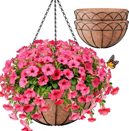 Halatool 2 Pack 14 Inch Hanging Baskets with Coco Liners, Rustproof Metal Flower Planters with Chain Hooks, No Tool Needed Heavy Duty Hanging Pots for Outdoor Patio Balcony Decor