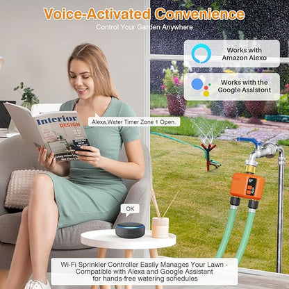 WiFi Water Timer for Garden Hose 2‑Zone, Smart Hose Timer with 984ft Long‑Range & Strong Wall‑Penetration, APP & Control,Voice Control, Rain Delay & Manual Mode, Brass Inlet & Outlet