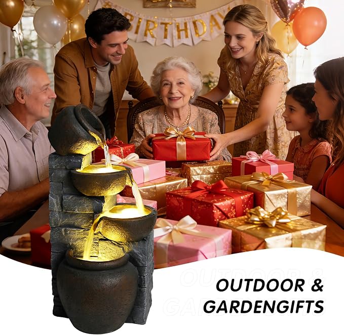 25.6" Outdoor Waterfall Fountain, Small Outdoor Fountain with LEDLights, Cracked Pot Tiered Design Garden Water Feature, Freestanding Resin Fountain for Patio Porch Backyard, Grayish Brown