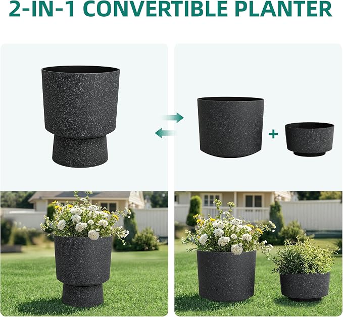 Autodaya 16.8" Black Terrazzo Pedestal Planters Set of 2 with Drainage Hole | Modern Plastic Flower Pots with Weather-Resistant Finish for Indoor or Outdoor Garden, Patio, Balcony, or Entryway Decor