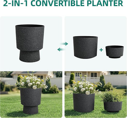 Autodaya 16.8" Black Terrazzo Pedestal Planters Set of 2 with Drainage Hole | Modern Plastic Flower Pots with Weather-Resistant Finish for Indoor or Outdoor Garden, Patio, Balcony, or Entryway Decor