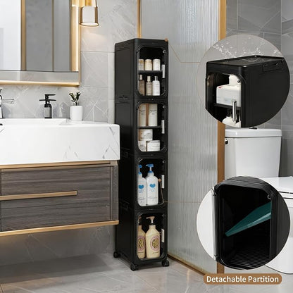 LXLXXL 4-Tier Narrow Storage Cabinet Slim Bathroom Storage Cabinet with Movable Wheels Tall Bathroom Organizer Skinny Cabinet for Small Spaces，Black