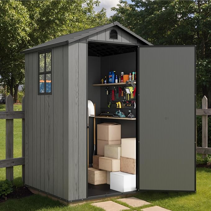 Greesum 4x4FT Plastic Storage Shed with Floor, Resin Outdoor Storaged Sheds with Lockable Door, All Weather Durable Tool Shed with Window and Vent, for Garden, Patio, Yard, Dark Gray