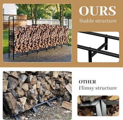 Firewood Rack 8FT Heavy Duty Metal, Outdoor Indoor Log Holder Stand for Fireplace Wood Storage, Adjustable Wood Pile Stacker Organizer for Patio, Black