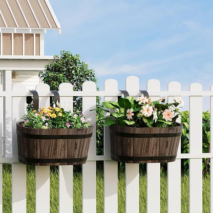 2PACK Wood Hanging Planter, Railing Planter Box, Carbonized, Small | Hanging Flower Pots, window boxes planters, For Fence Outdoor Plants, balcony planters, Countryside Style, Cute Design