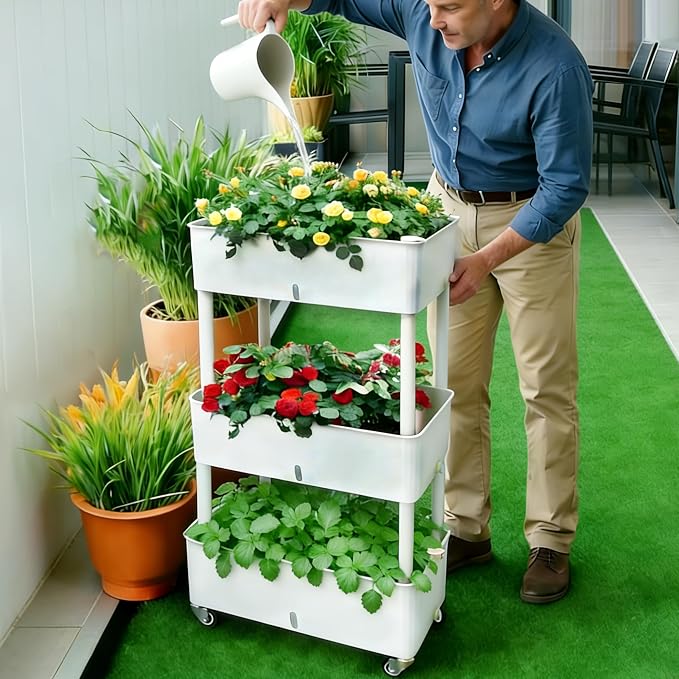 Self-Watering Raised Planter Box with Lockable Wheels,3-Tier Elevated Garden Bed with Visible Water Level Window,Indoor Outdoor Plastic Plant Box for Flowers,Vegetables & Herbs